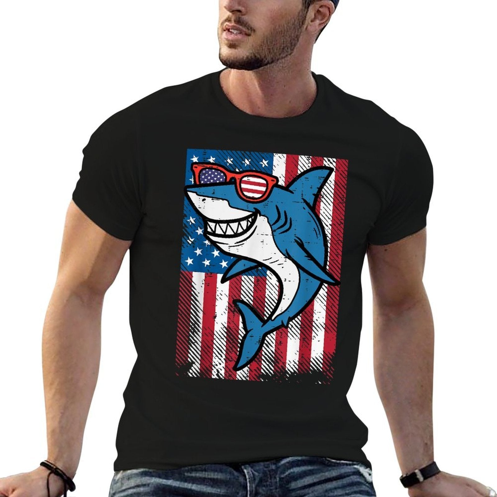 4th July Shark US Independence Day America Men Boys Kid  Cotton T-Shirt