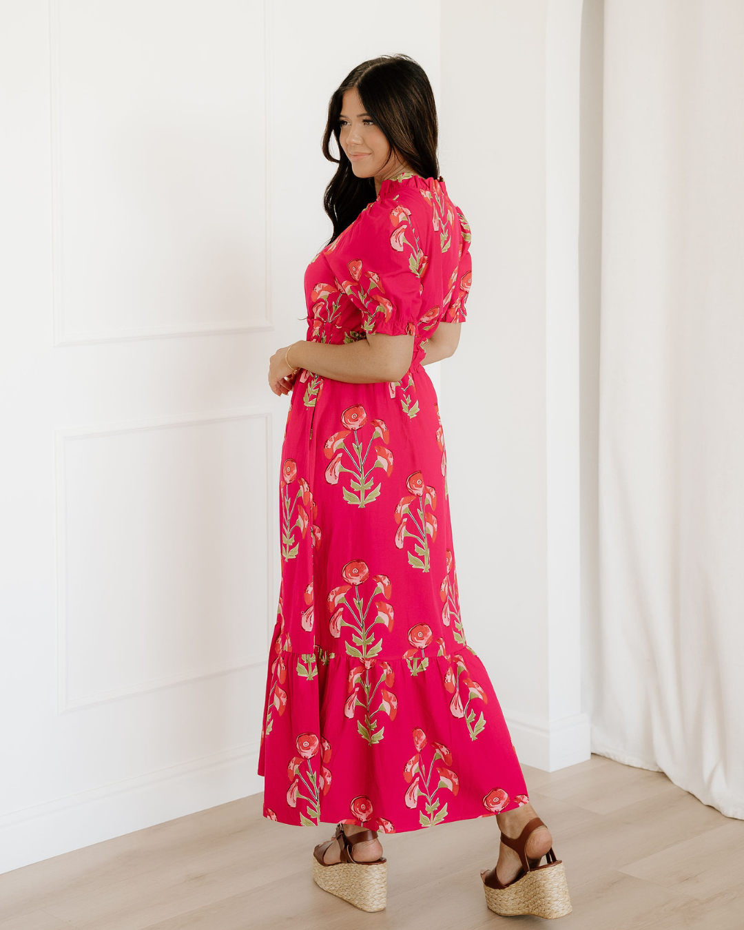 Neve Floral Print Frilled V Neck Short Sleeve Ruffle Maxi Dress