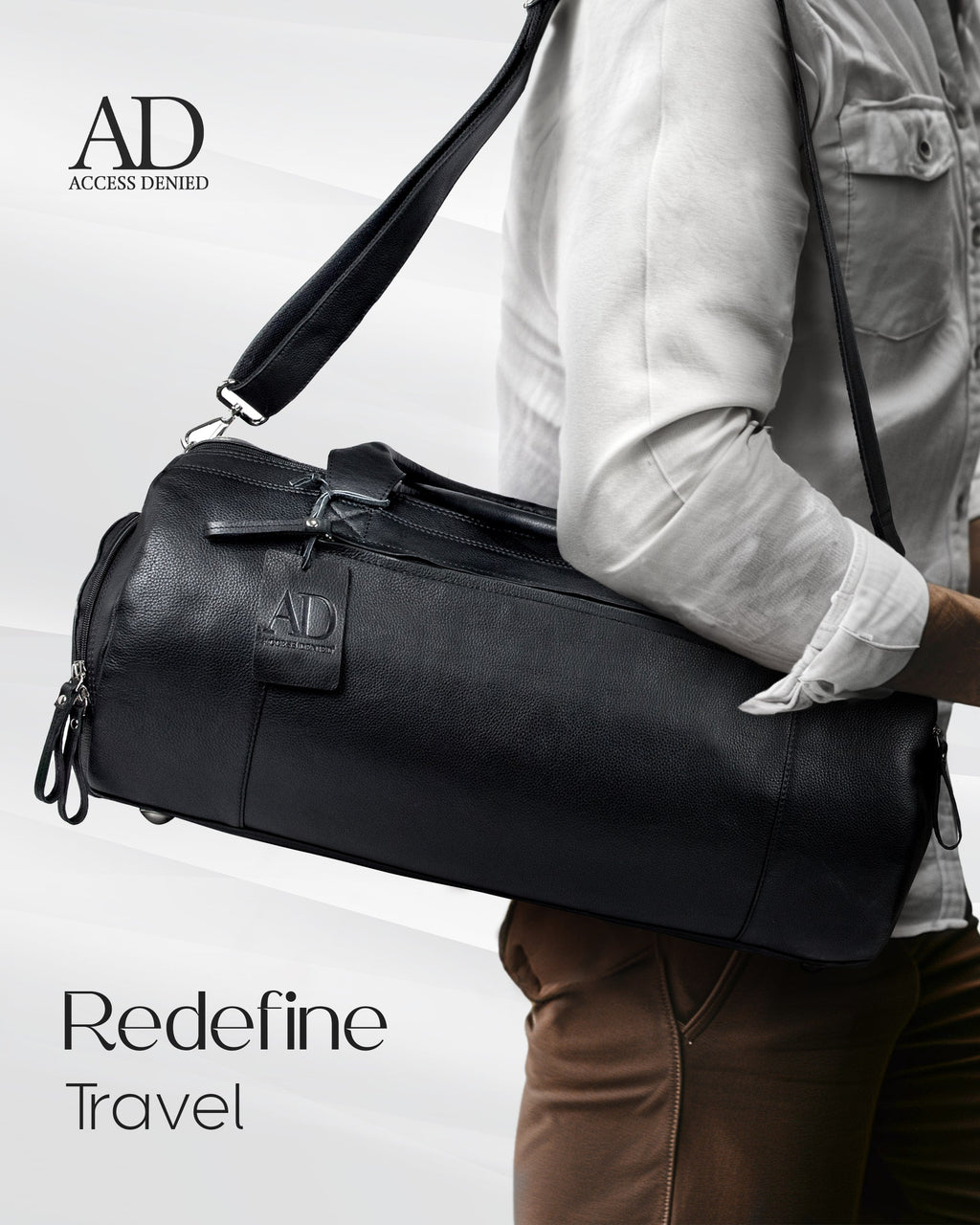 Genuine Leather Travel Duffel Bag – Shoe Compartment, Hidden AirTag Pocket