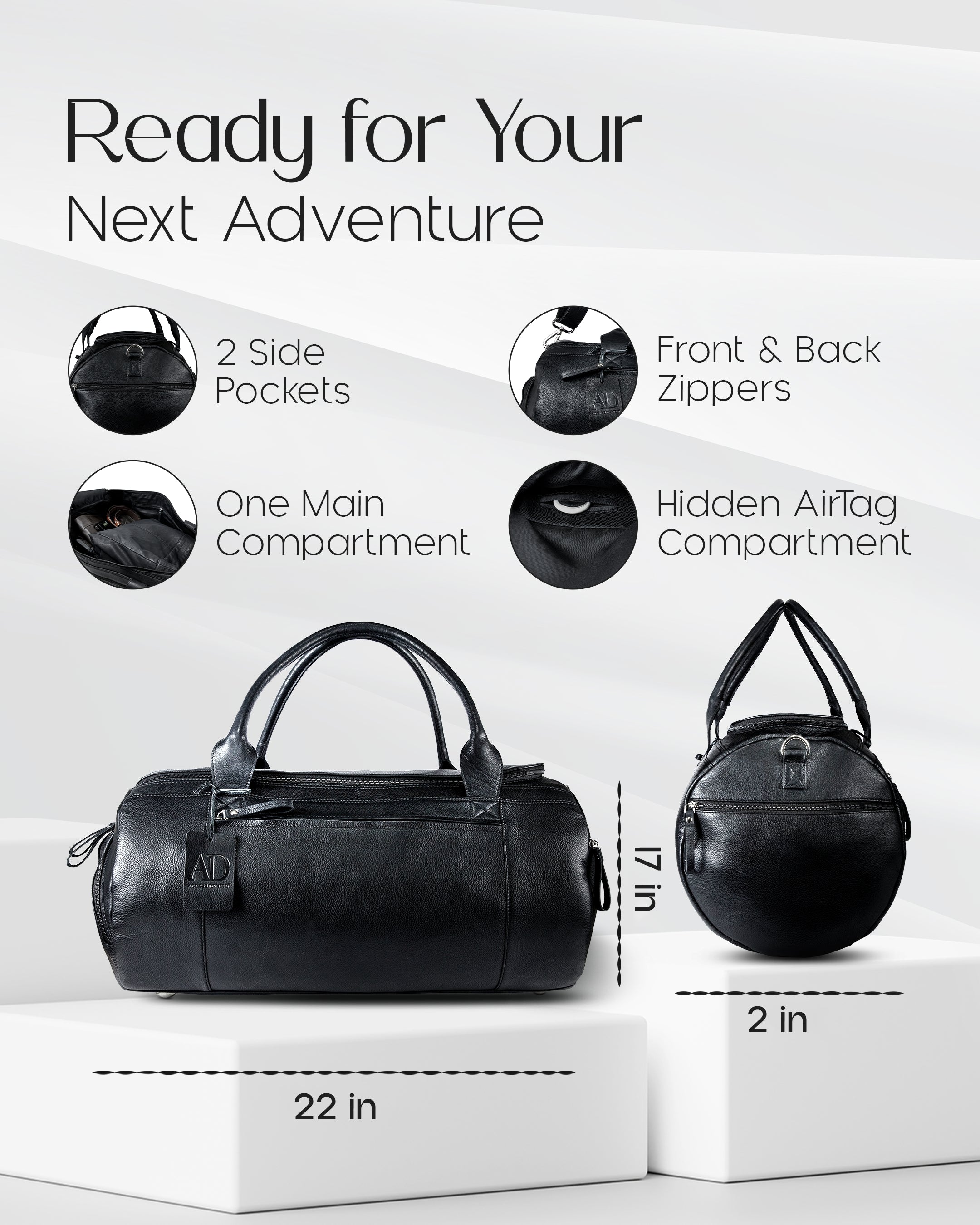 Genuine Leather Travel Duffel Bag – Shoe Compartment, Hidden AirTag Pocket