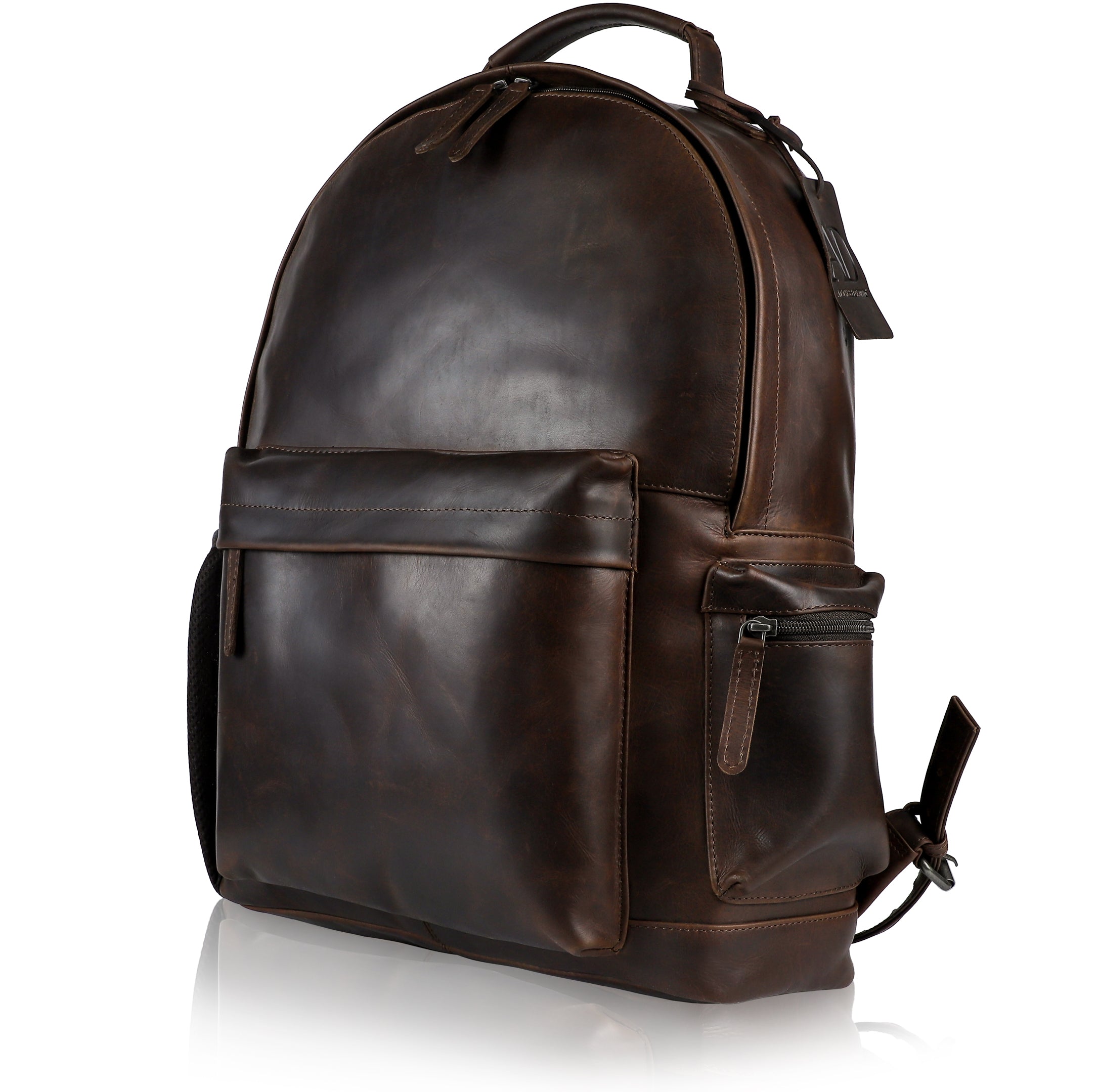 Genuine Leather Backpack — Fits 15.6" Laptop, Hidden AirTag Pocket
