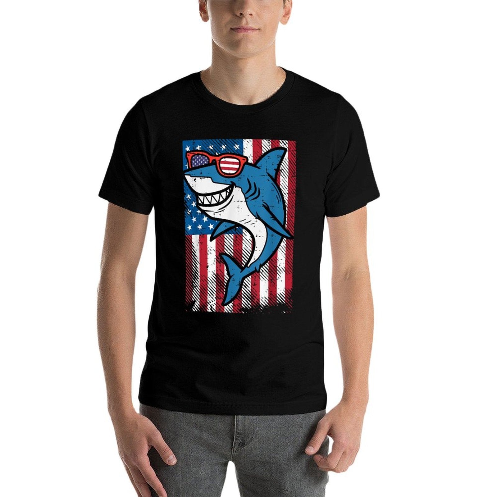 4th July Shark US Independence Day America Men Boys Kid  Cotton T-Shirt