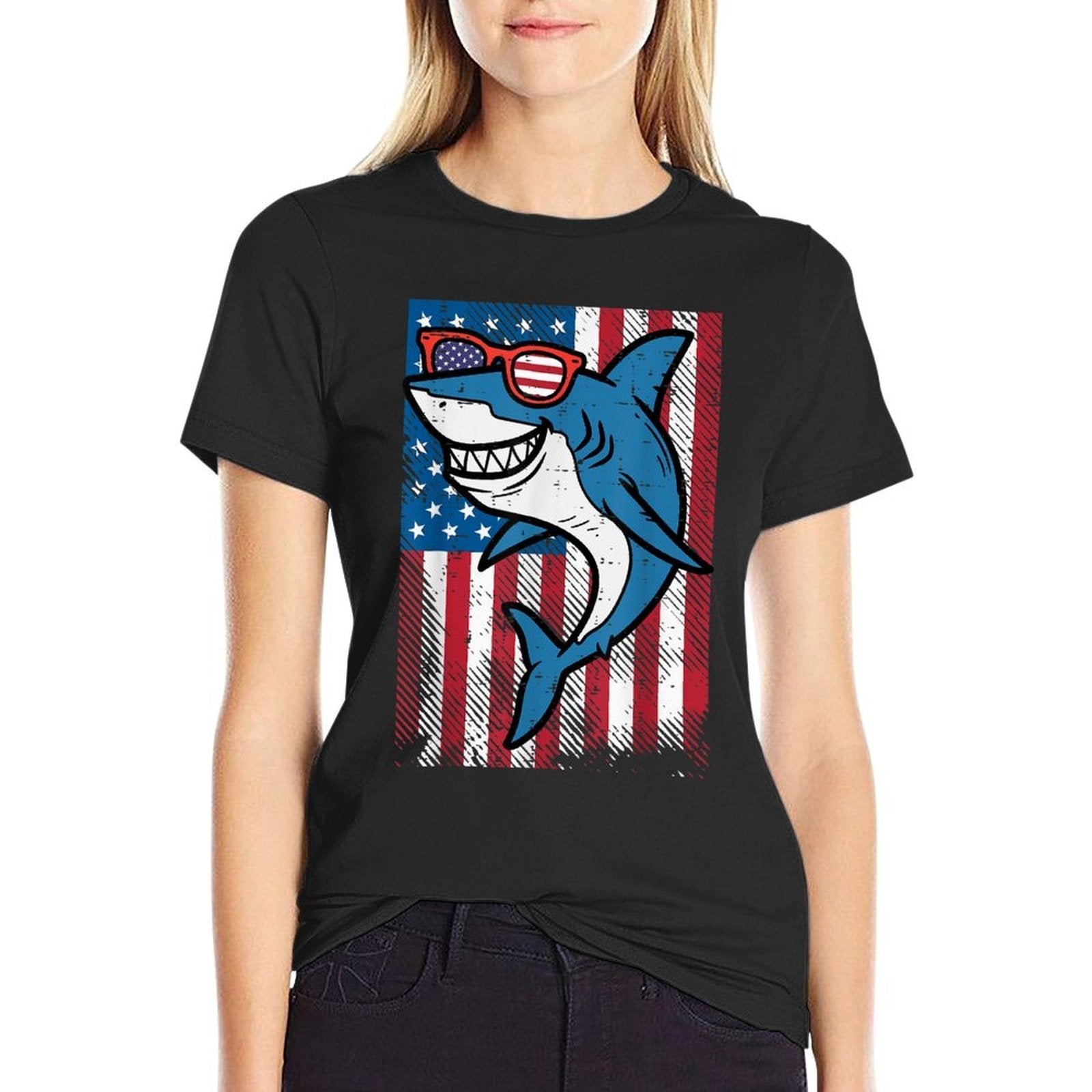 4th July Shark US Independence Day America Men Boys Kid  Cotton T-Shirt