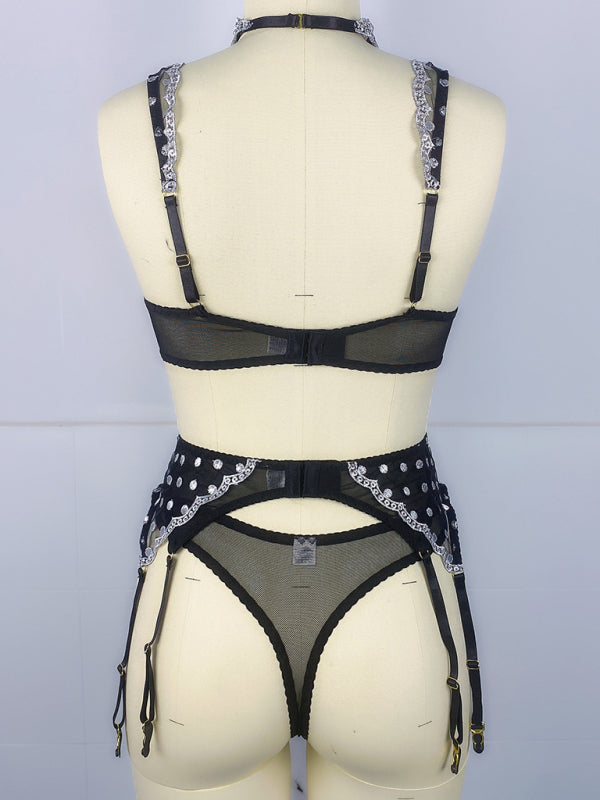 Women's Polka Dot Embroidery See-Through Bra Sexy Underwear Four-Piece Set